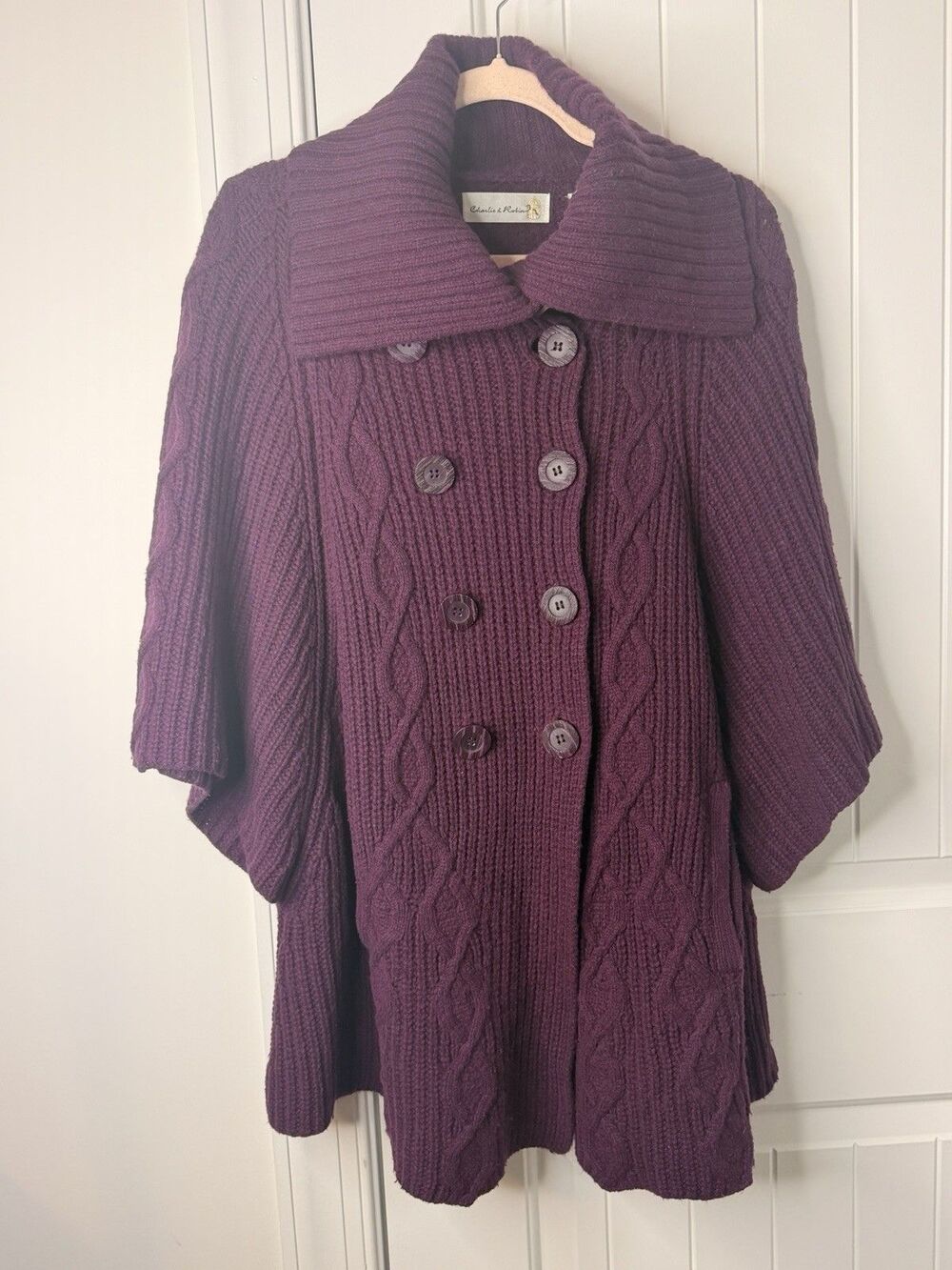 Anthropologie Charlie & Robin Wool Cape Cardigan Eggplant Cable Knit Sweater S/M